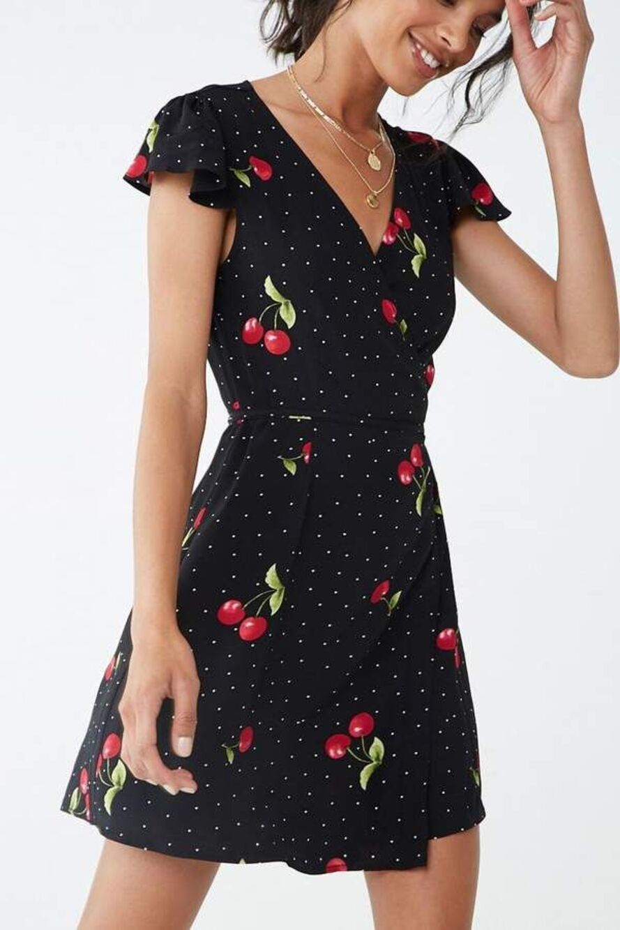 Forever 21 Black Cherry Polka Dot Wrap Mini Dress Coquette Rockabilly Small